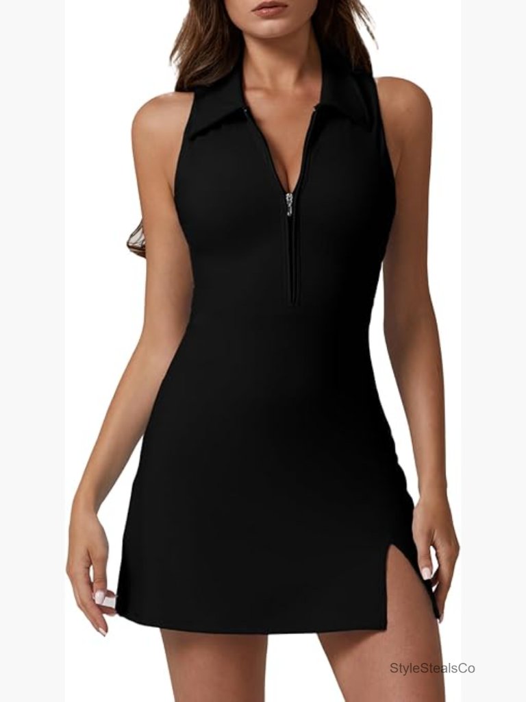 Zip Front Tennis Dress With Polo Collar Racer Back Built-In Shorts